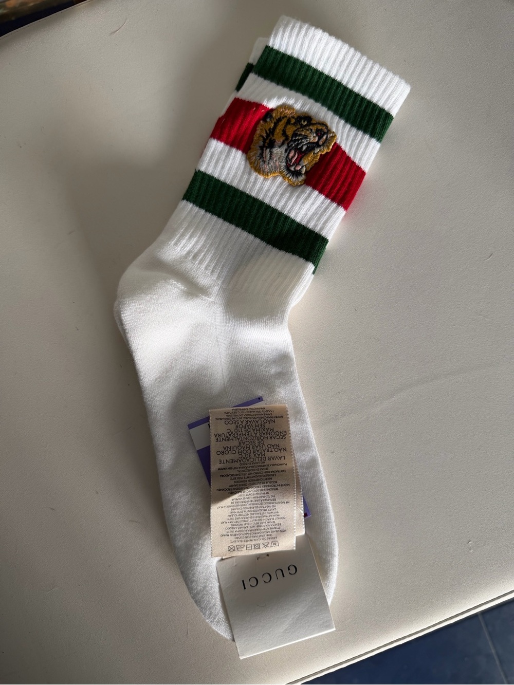 Gucci White Crew Socks with Green and Red Stripes and Tiger Patch